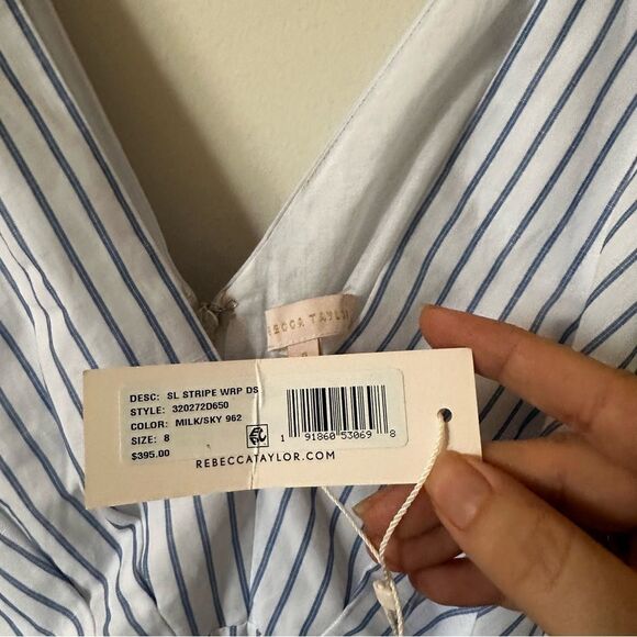NWT Rebecca Taylor Women's Sleeveless Stripe Wrap Dress | Milk Sky, Size 8 - Picture 7 of 8